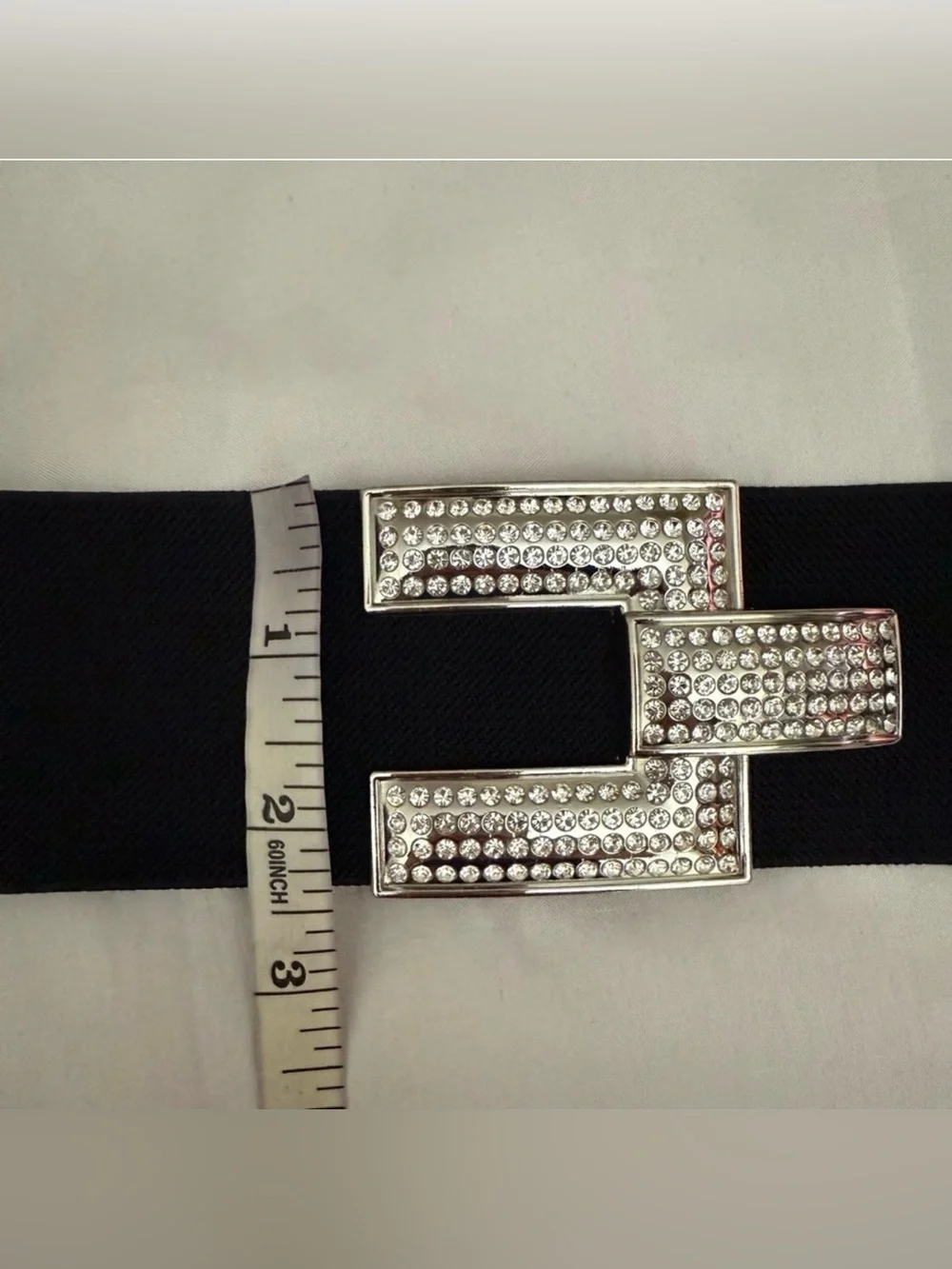 Black PU leather elastic waistband belt with silver buckle and rhinestone